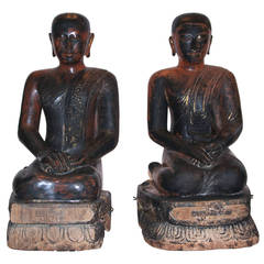Pair of Thai lacquered figures of acolytes, circa 1780, Asia.
