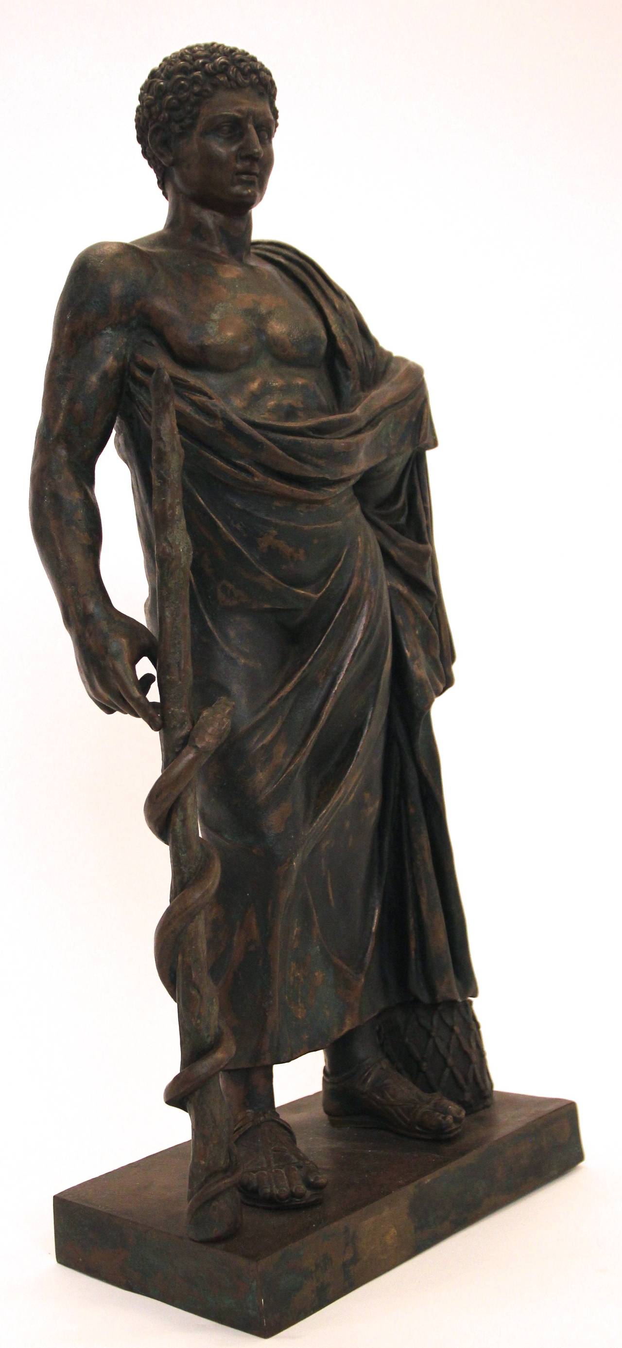 Esculape bronze statue,
signed: Fonderia Sommer, Napoli,
Grand Tour, circa 1900, Italy.
Measures: Height 68 cm, width 28 cm, depth 16 cm.