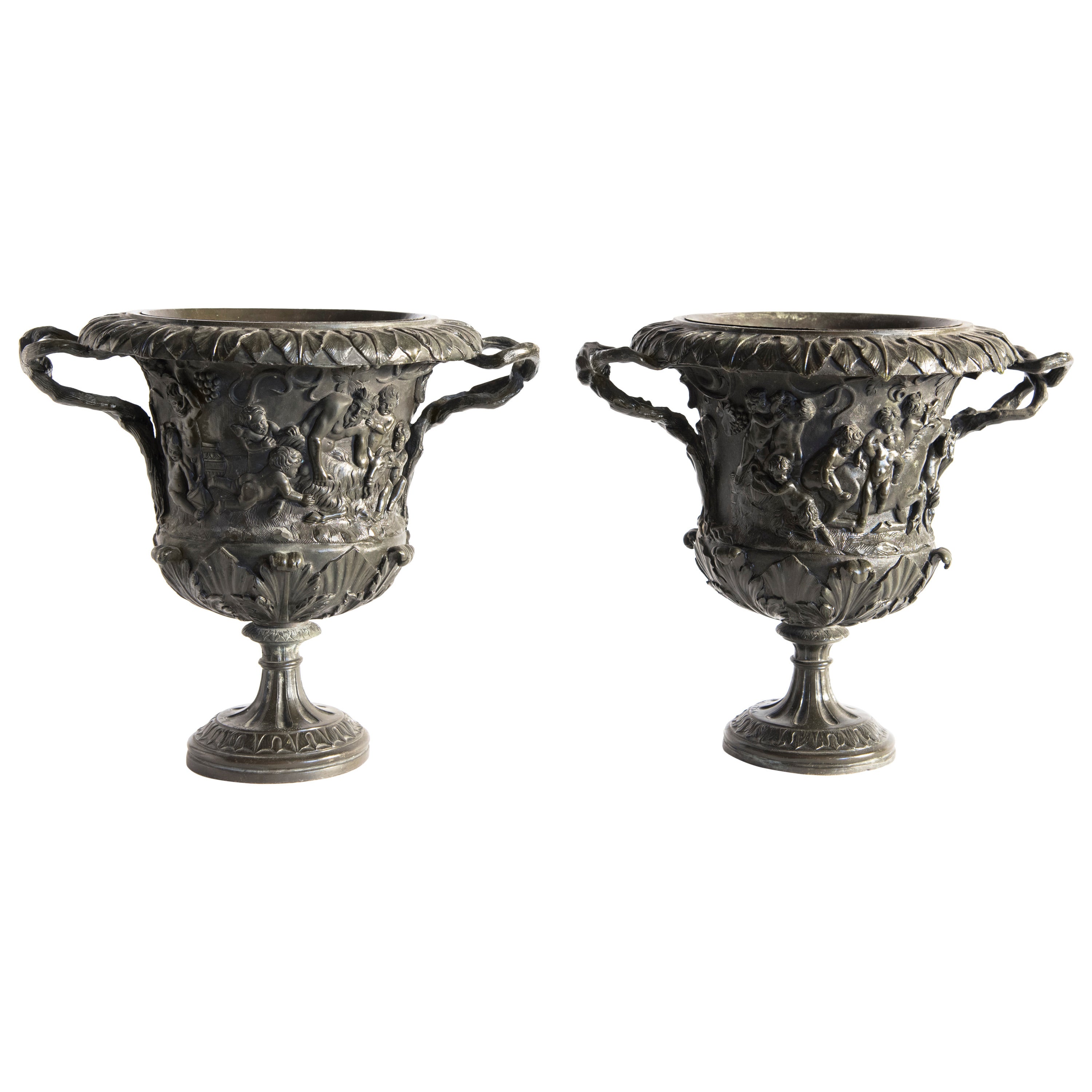 Pair of Carved Bronze Vases by M. Amodio, Naples, Grand Tour, circa 1880, Italy