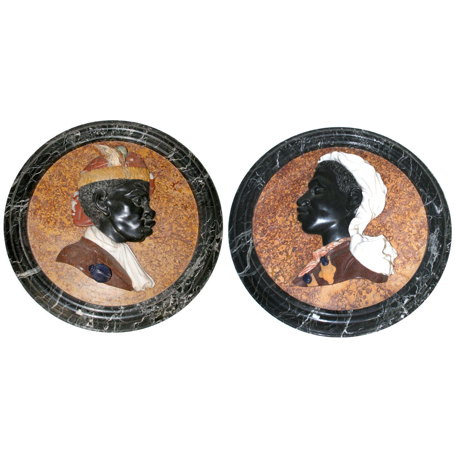 Pair of Medallions, Carved Marble and Semi-Precious Stones, circa 2000, Italy
