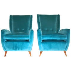 Pair of Armchairs by Gio Ponti, Textile and Wood Feet, circa 1950, Italy