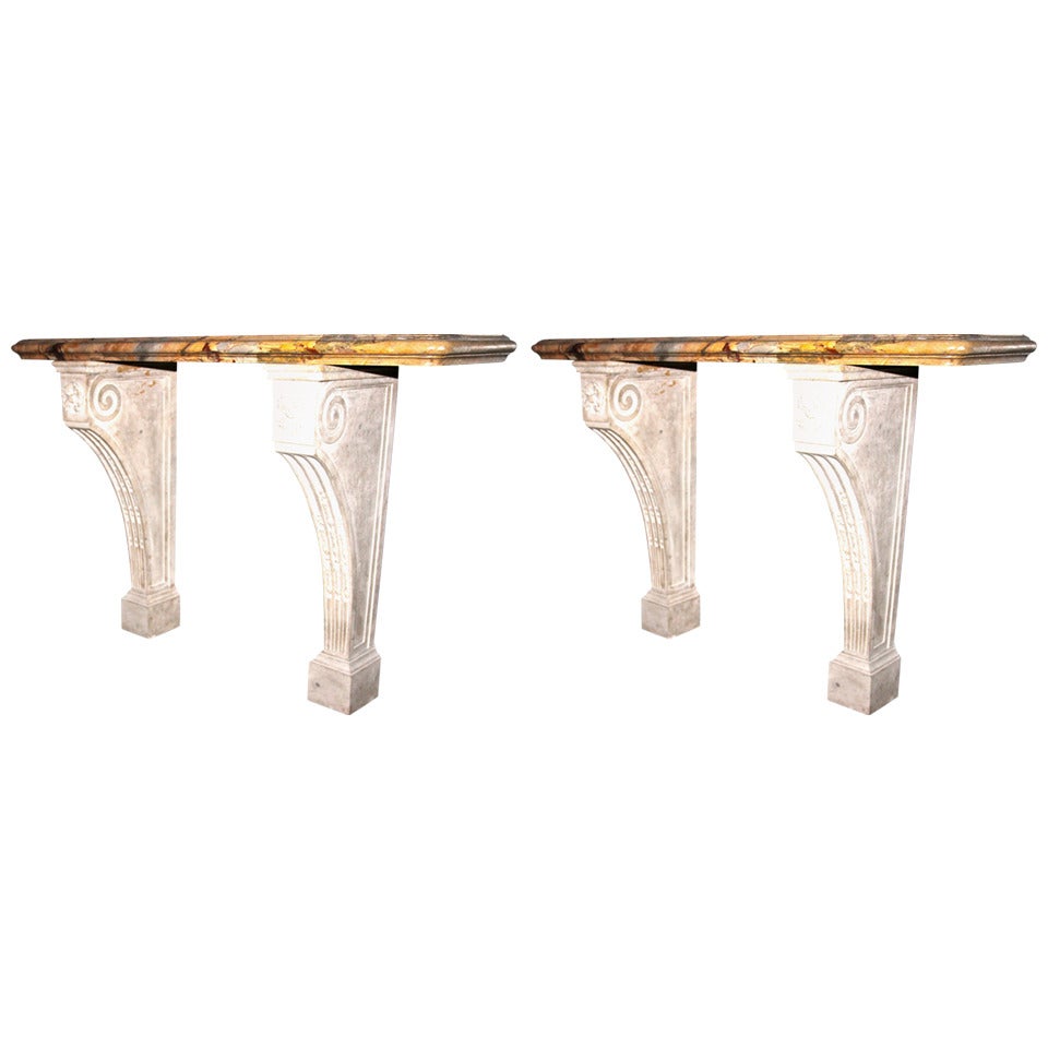 Pair of Consol Tables in Sculpted Sarrancolin Marble, circa 1900 France