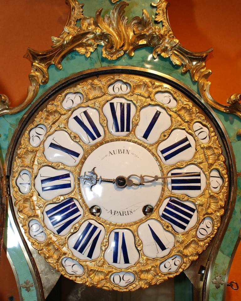18th Century and Earlier Fine French Louis XV Corne Verte Ormolu-Mounted Mantel Clock