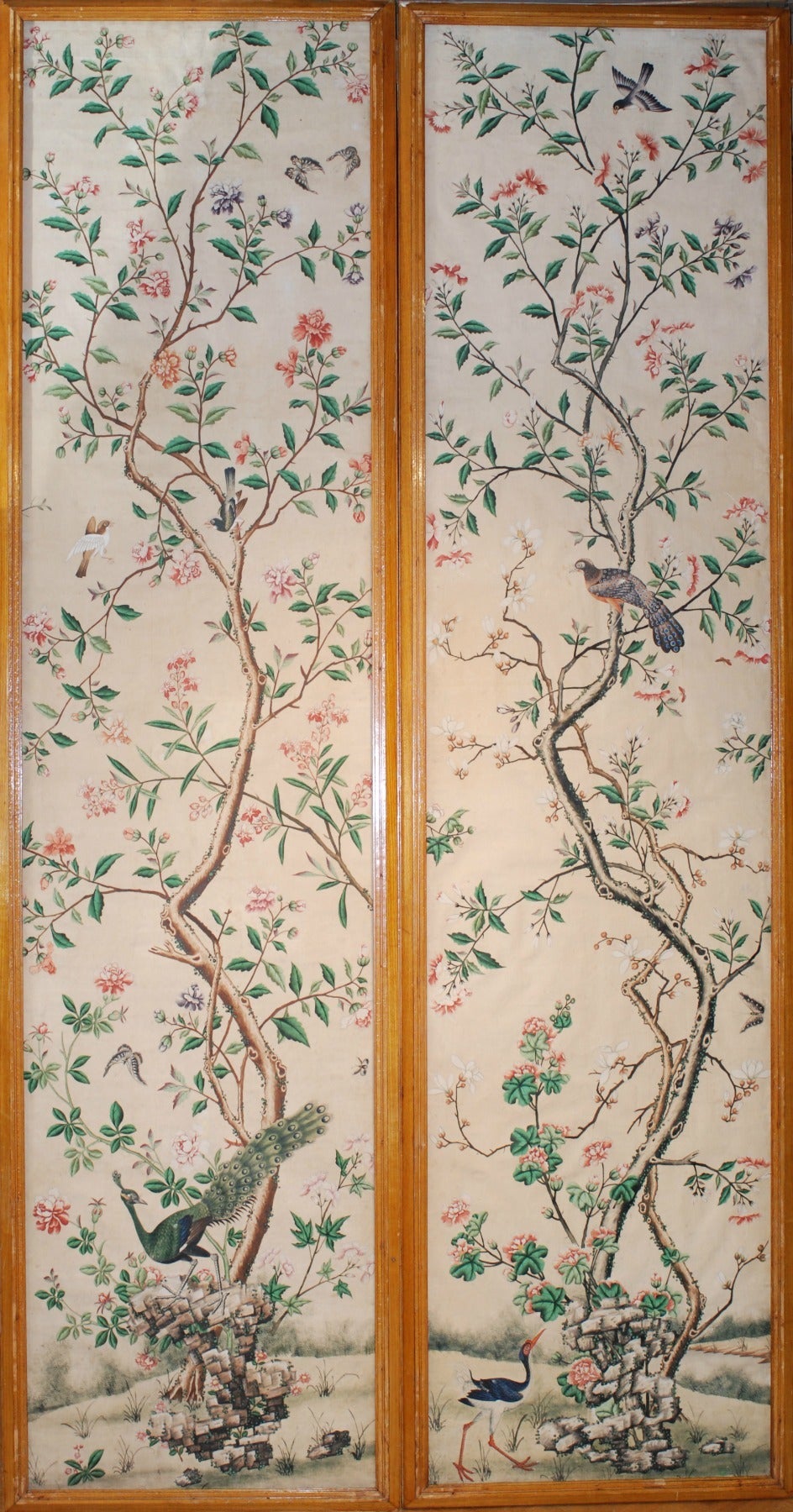 A pair of wallpaper panels with beautiful floral and birds design.
Wooden frames are not old.