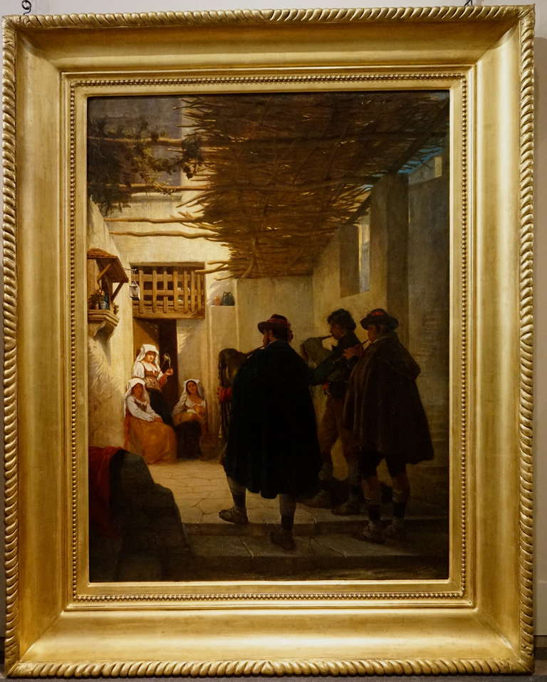 Oil paint on canvas.
Large frame in golt wood.
Signed  Gide François Théophile Etienne.
In a village of the South of Italy.

Reference:   Benezit.