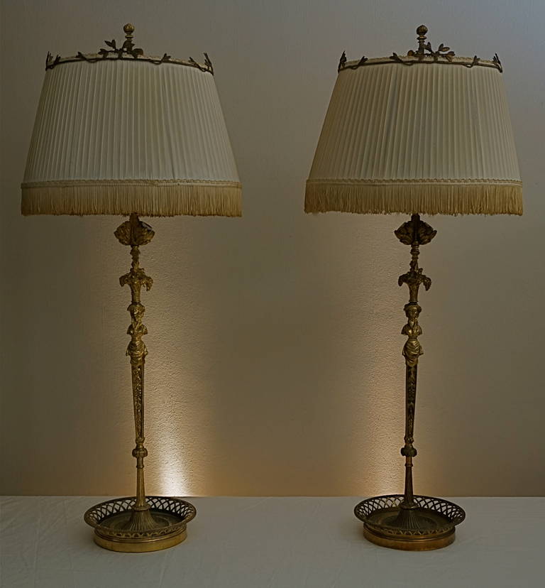 1940 Pair of Gilt Bronze Caryatid Table Lamps