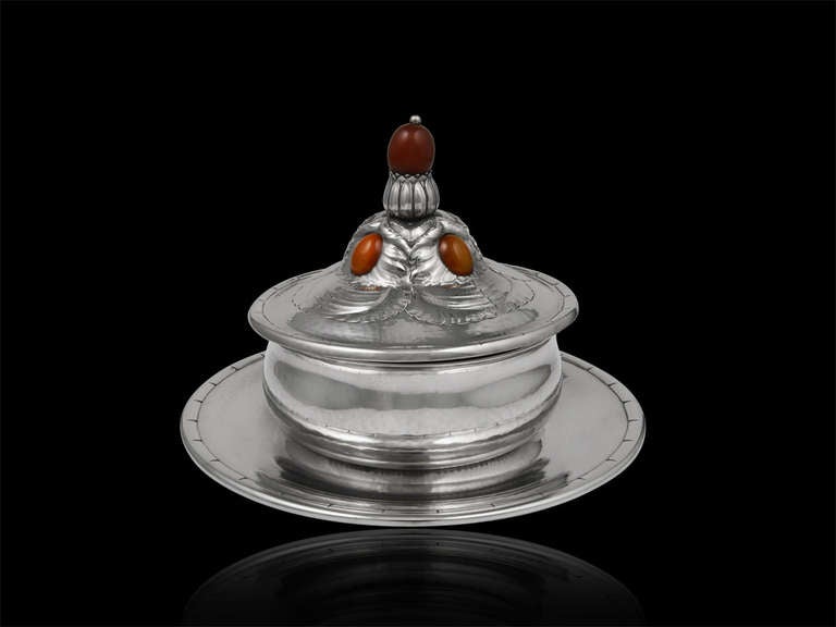 Rare sterling silver butter/caviar dish with Carnelian Stones and glass insert, design #44 by Georg Jensen. Measures 5