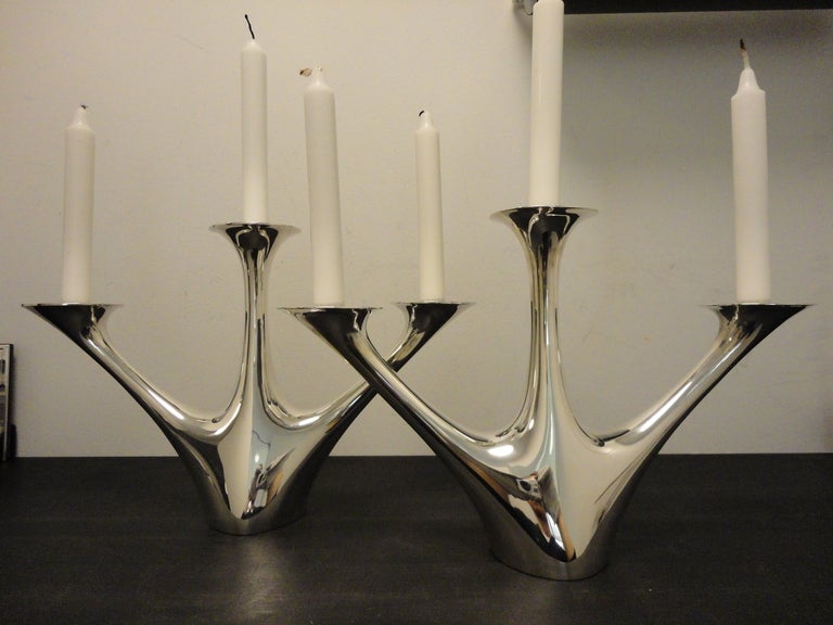 Danish A Pair of Large Modern GEORG JENSEN Silver Candleabra For Sale