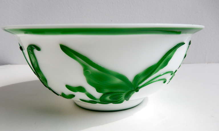 Antique Chinese Peking Glass Bowl with Butterfly Decoration In Excellent Condition In Winnetka, IL