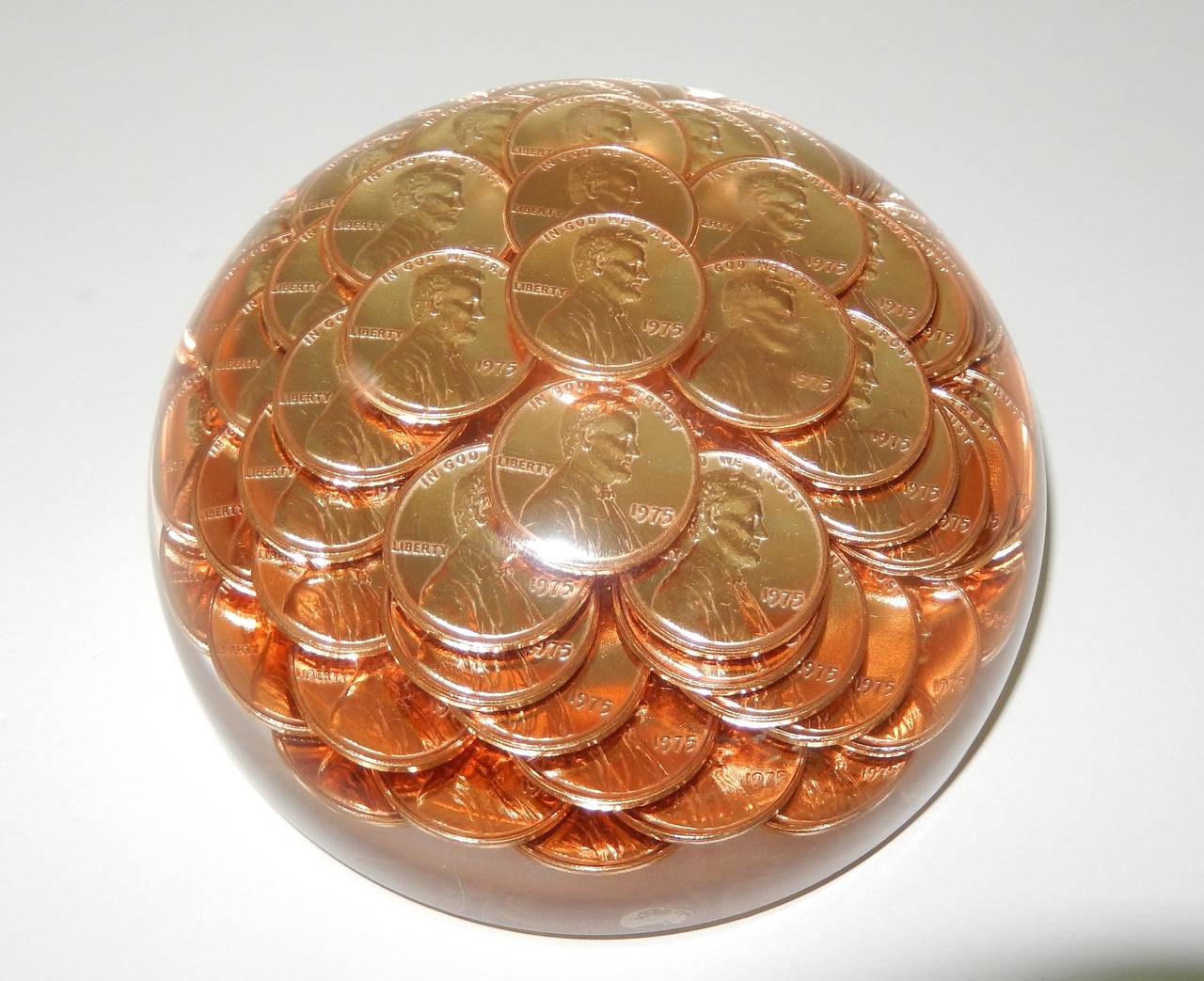 American 1975 Lucite Paperweight with Suspended Pennies