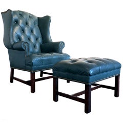 Used Tufted Leather Wingback Chair and Ottoman by Hancock & Moore