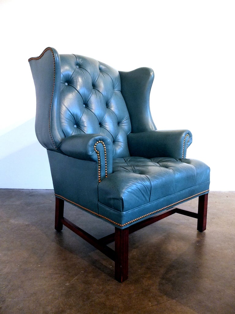 American Tufted Leather Wingback Chair and Ottoman by Hancock & Moore