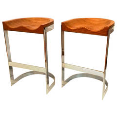 Vintage Pair of Barstools by Warren Bacon California Design, Oak and Steel