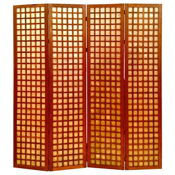 Danish Modern Tall Folding Screen in Mahogany and Capiz Shell Inserts ...