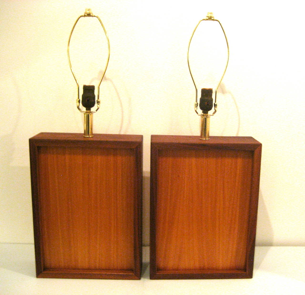 Great set of solid walnut frames with beech wood inserts table lamps , circa 50s the lamps have been refinished and rewired , the lamp shades are not included , each base its 12