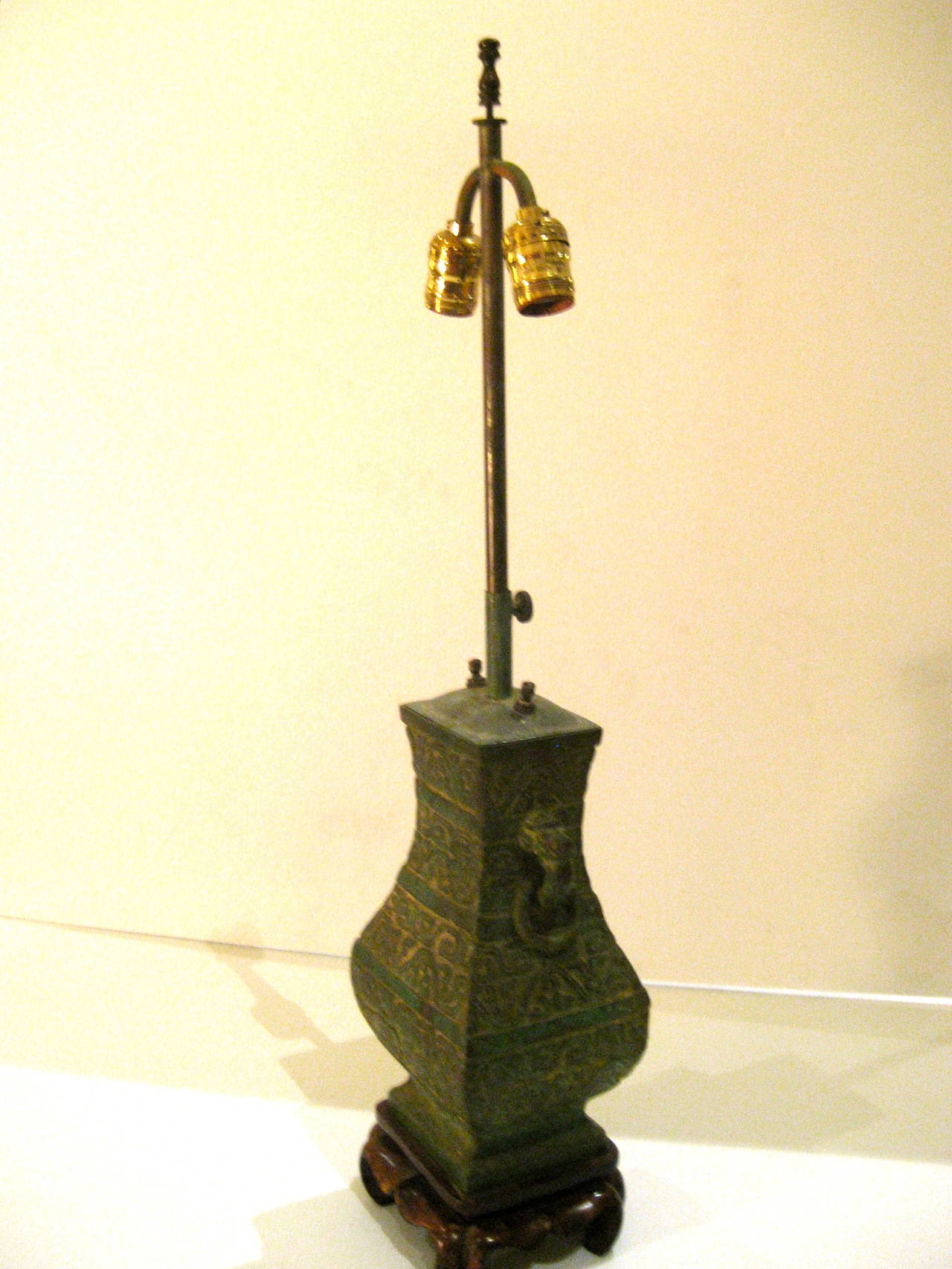 Hollywood Regency Antique Chinese Bronze Base Lamp with Silk Shade