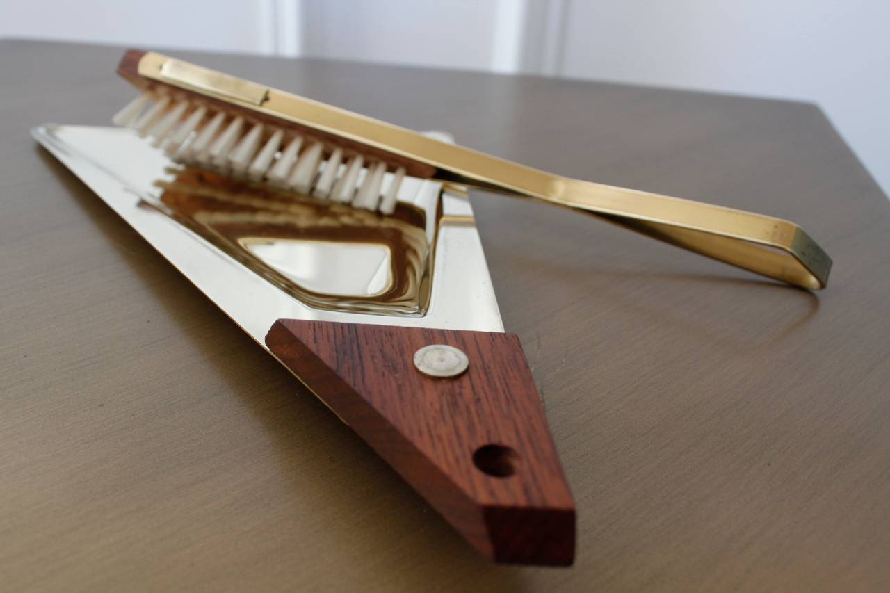 German Mid-Century Brass and Walnut Table Butler Brush and Crumb Pan