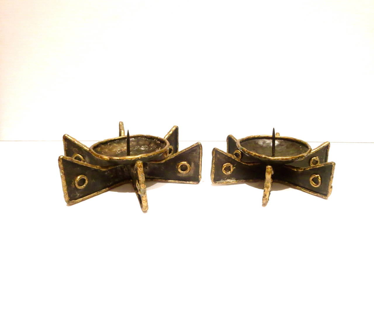 Great set of hand hammered and brass welded candle holders . in the style of Paul Evans . circa 70s one of a kind piece.