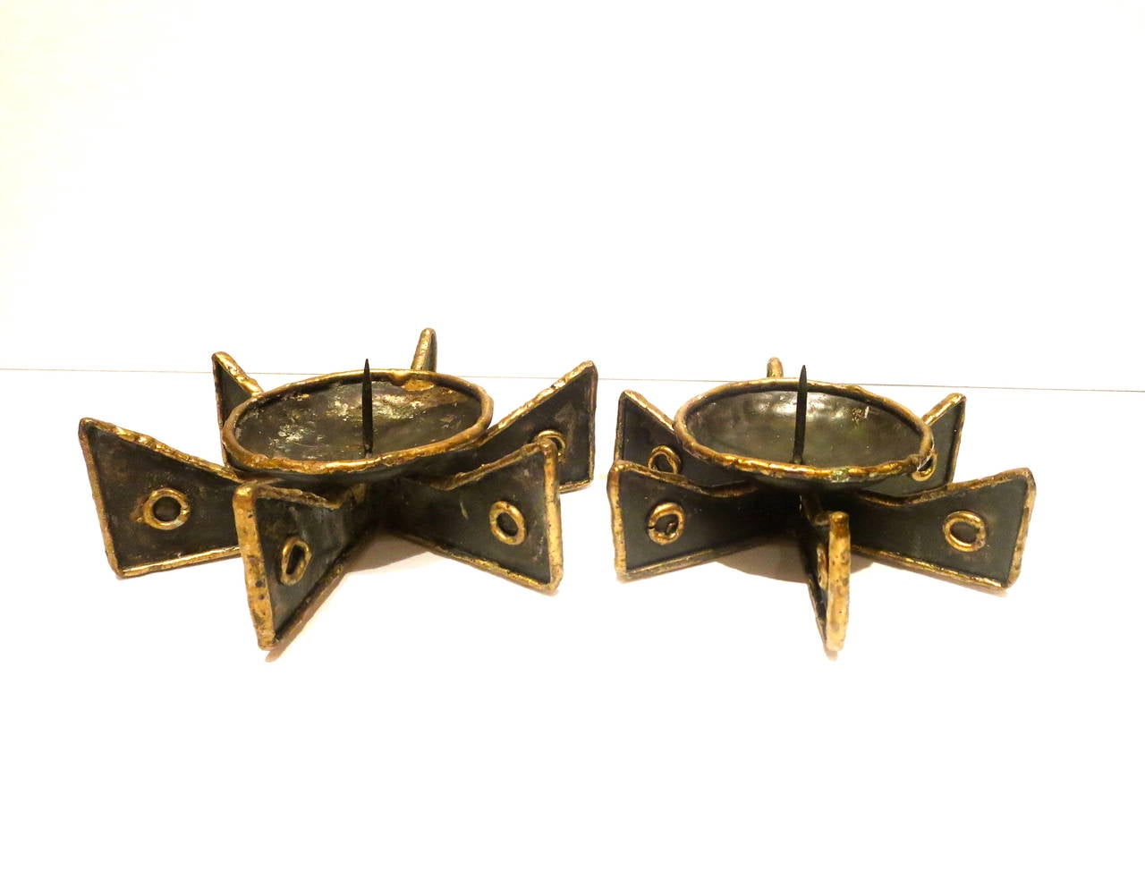 Brutalist Brutal Style Mid-Century Iron and Brass Pair of Candle Holders