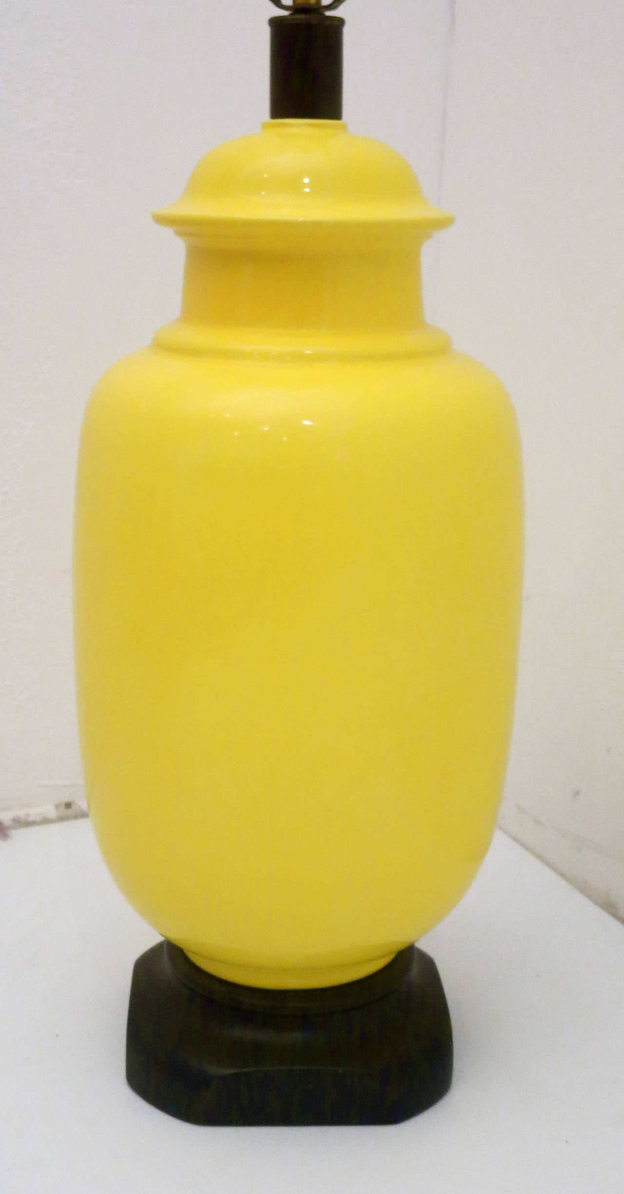 American 1970s Monumental Tall Yellow Ceramic Table Lamp Asian Moderne