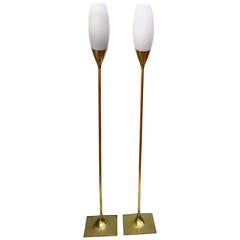 Matching Set of Tall Floor Brass and Glass Lamps by Laurel Co