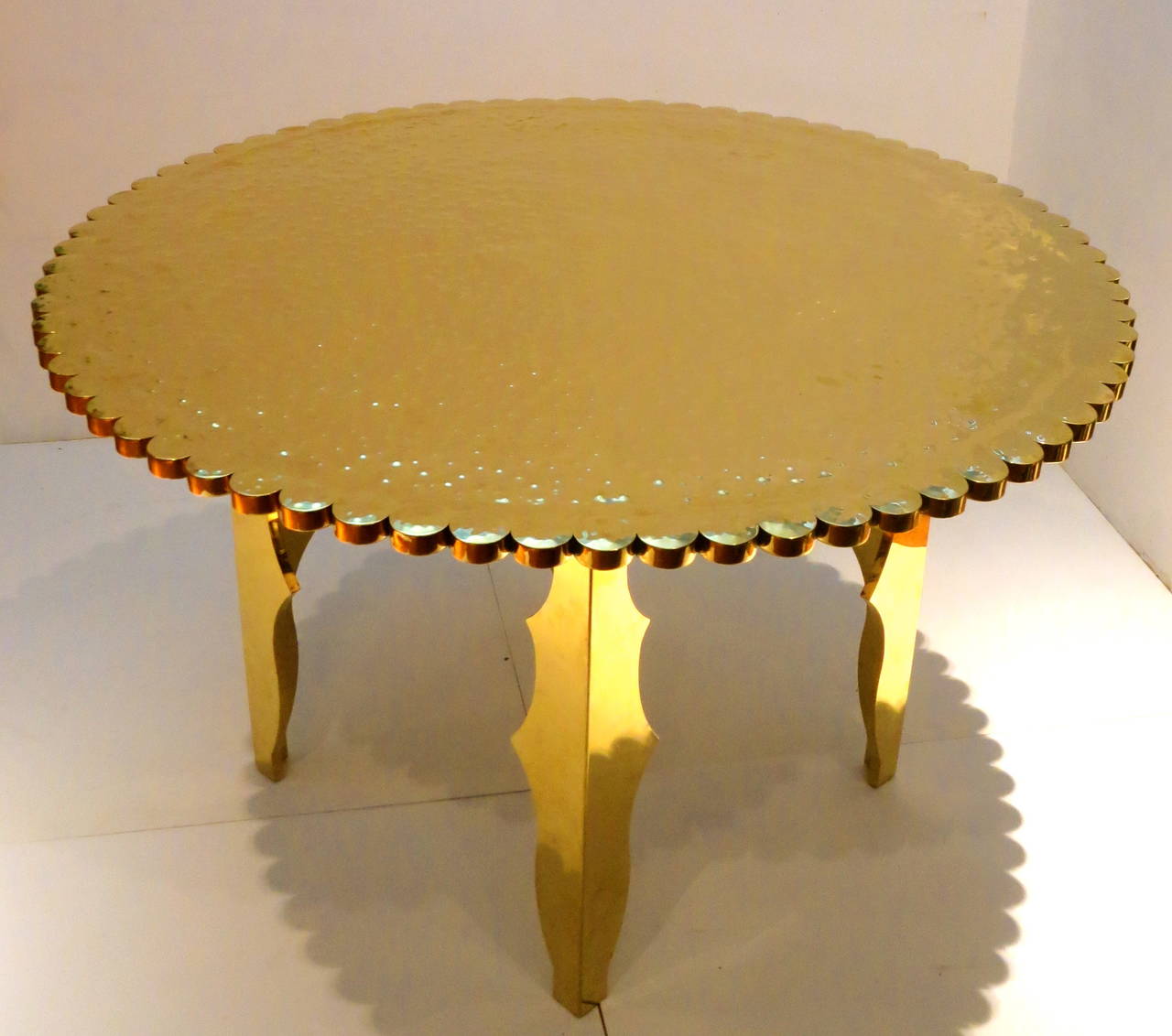 Monumental Large Brass Entry Table Hand-Hammered Top Scalloped Edge 2