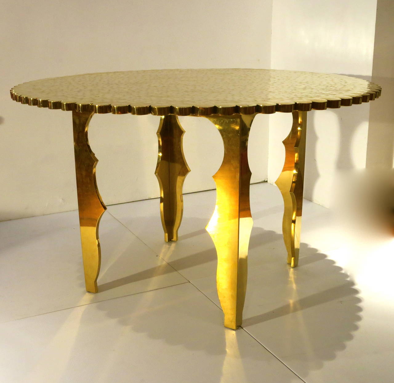 Monumental Large Brass Entry Table Hand-Hammered Top Scalloped Edge 1
