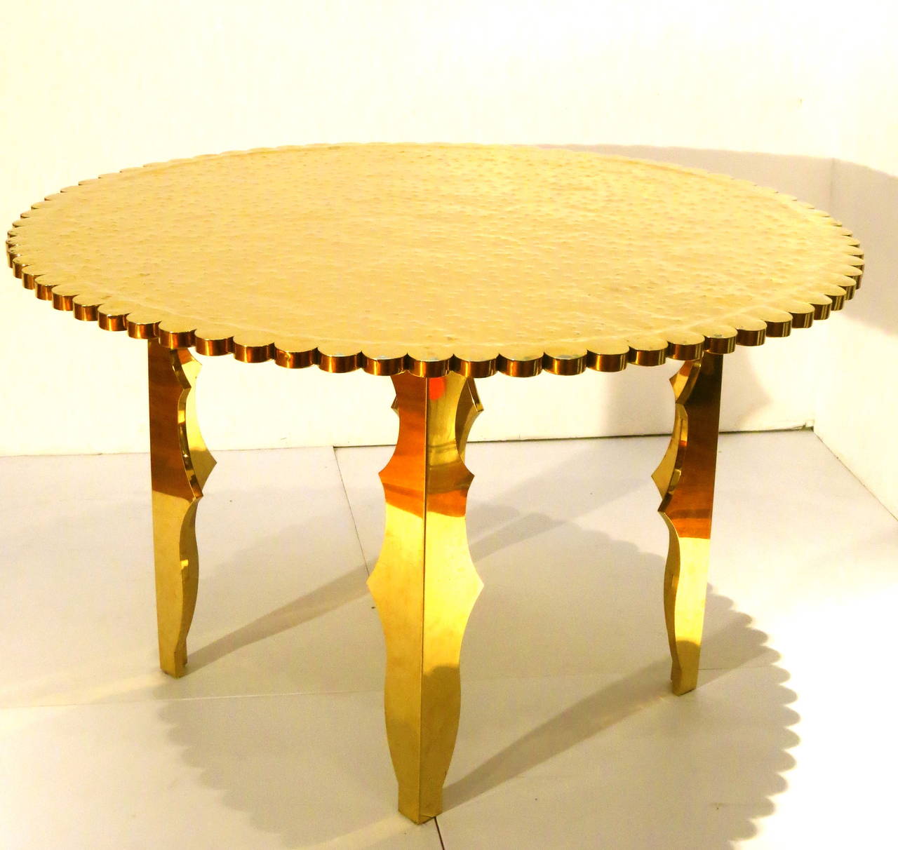 Contemporary Monumental Large Brass Entry Table Hand-Hammered Top Scalloped Edge