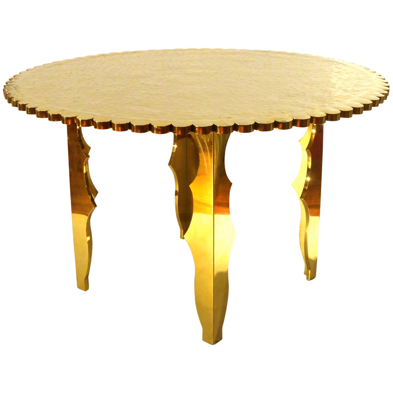 Monumental Large Brass Entry Table Hand-Hammered Top Scalloped Edge