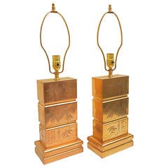 Pair of Brass Bamboo Etching Art Deco Table Lamps
