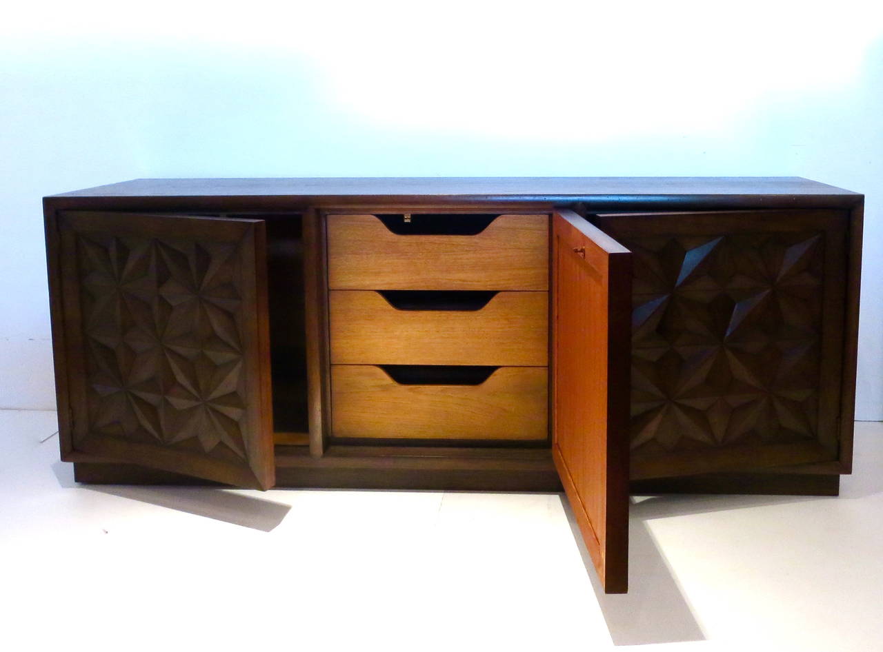 Hollywood Regency Striking Light Distressed Oak Credenza by Henredon Front Carved Door Panels