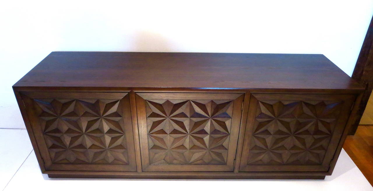 Striking Light Distressed Oak Credenza by Henredon Front Carved Door Panels 1