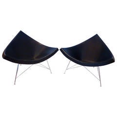Pair of Coconut Chairs in Black Leather Designed by George Nelson