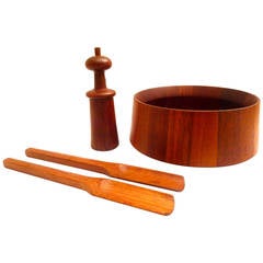 Solid Teak Lot Set of Servers, Salad Bowl & S.P Shaker by Quistgaard for Dansk