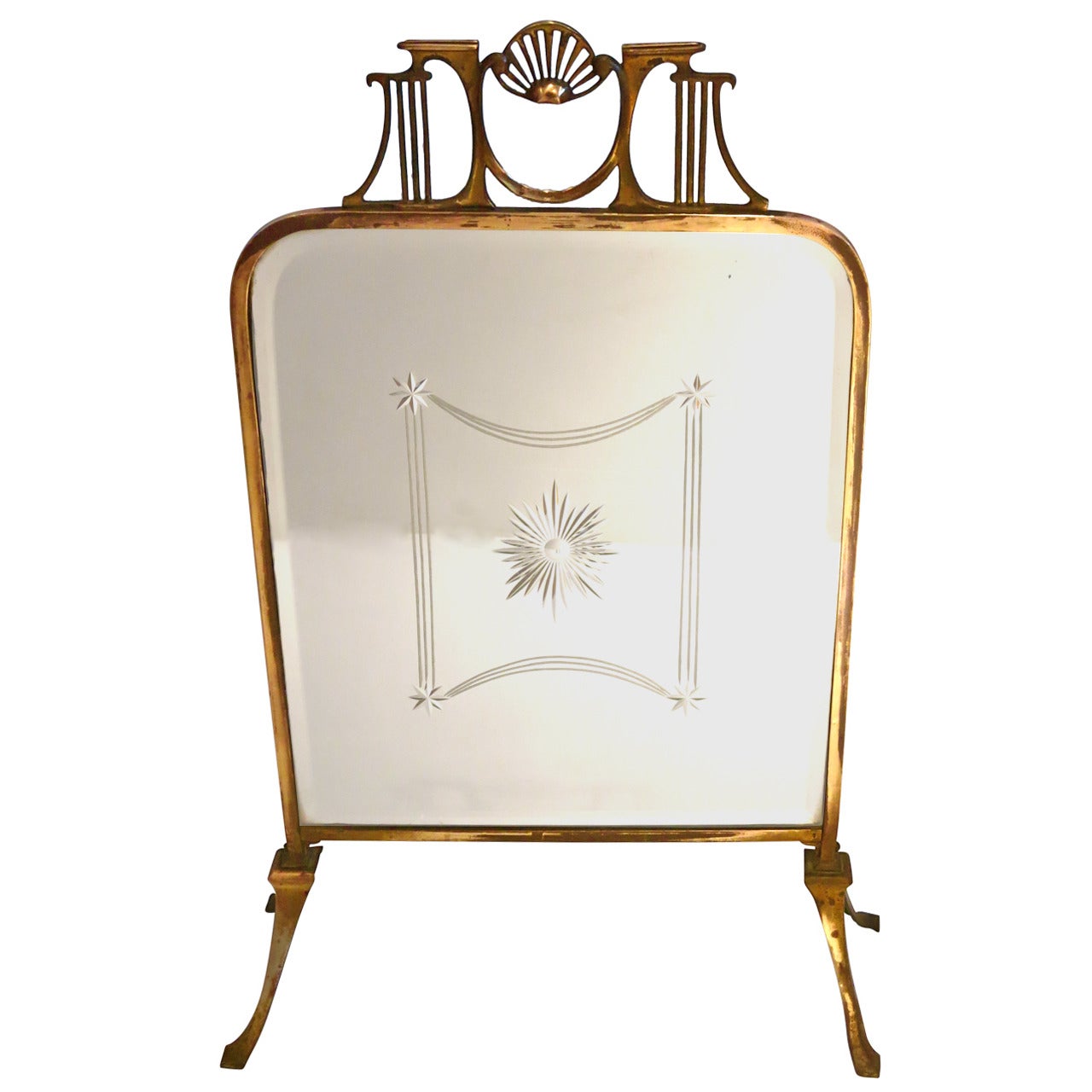 Art Nouveau Brass Fire Screen with Beveled Mirror Design Victorian Style