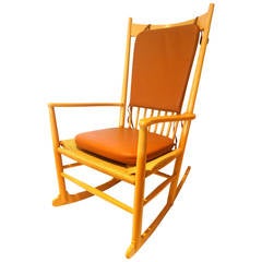 Danish Modern Hans Wegner Rope Seat and Leather Pads J16 Rocker Chair