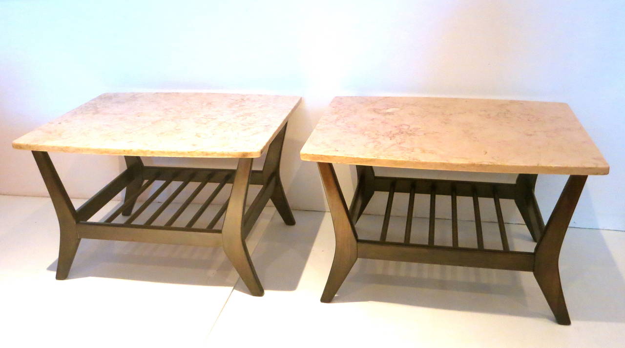 American Modern Set of Two Marble & Walnut End Tables with Magazine Rack