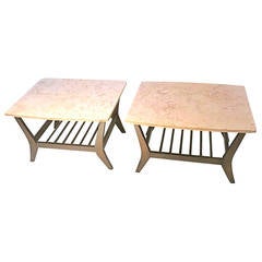 Vintage American Modern Set of Two Marble & Walnut End Tables with Magazine Rack