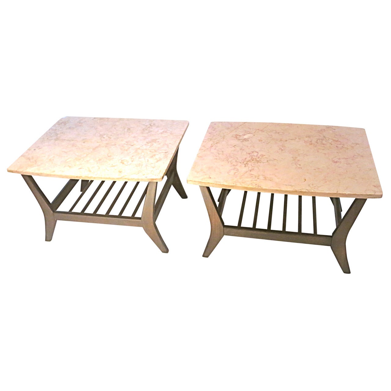 American Modern Set of Two Marble 
Walnut End Tables with Magazine Rack