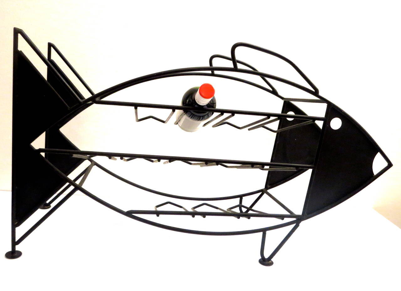 Mid-Century Modern 1970s Large Iron Fish Wire Rack Sculpture 12 Bottle Capacity