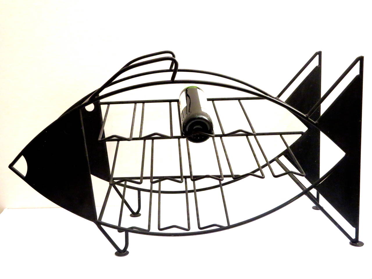 American 1970s Large Iron Fish Wire Rack Sculpture 12 Bottle Capacity