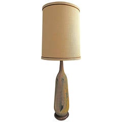 Monumental tall ceramic 1950s table lamp with original shade