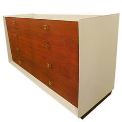 Vintage Striking American Modern 1950s Dresser in White Lacquer, Mahogany Drawers