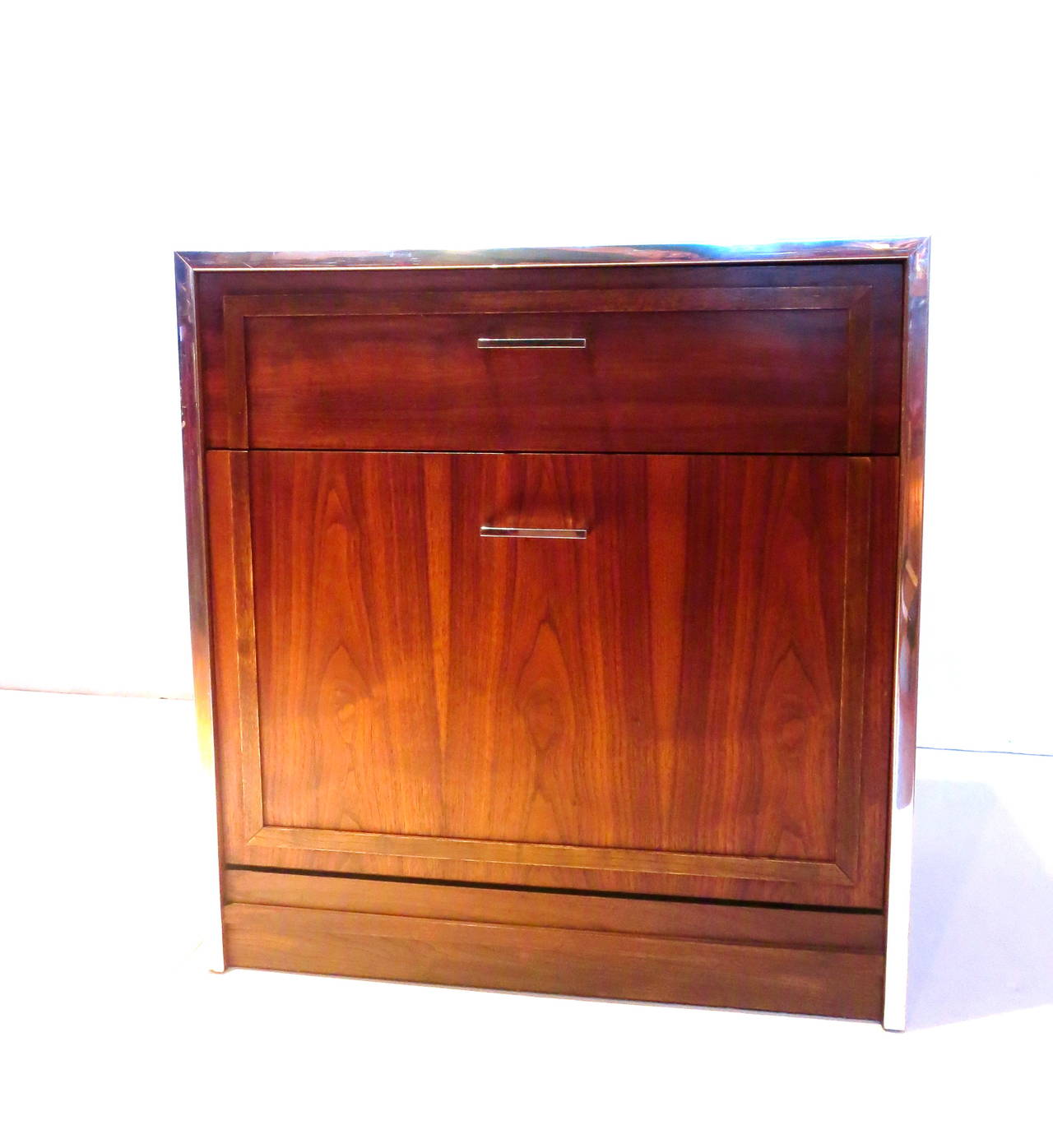 20th Century American Modern Walnut 1970s Small Record Cabinet with Chrome Detail