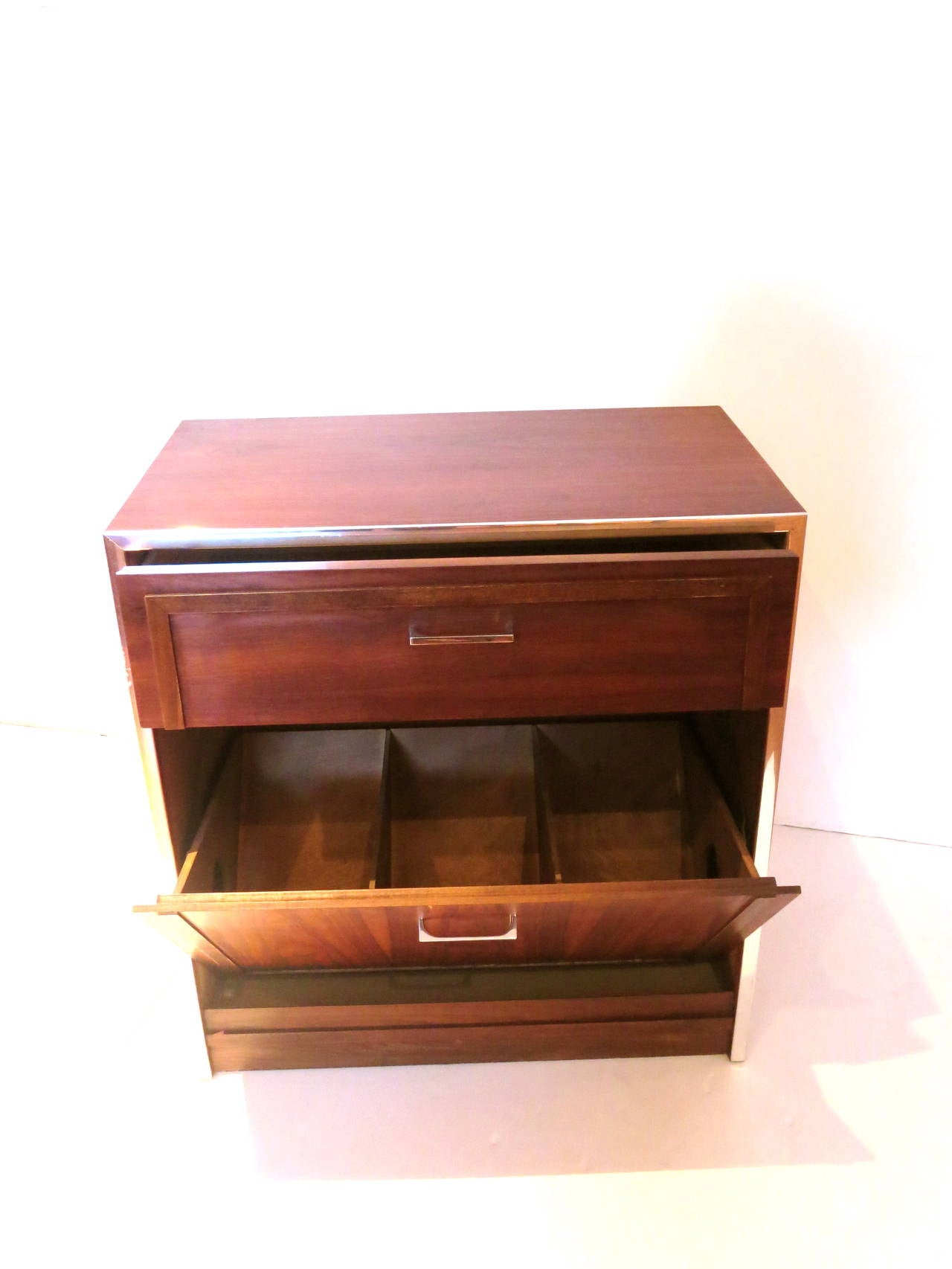 Mid-Century Modern American Modern Walnut 1970s Small Record Cabinet with Chrome Detail