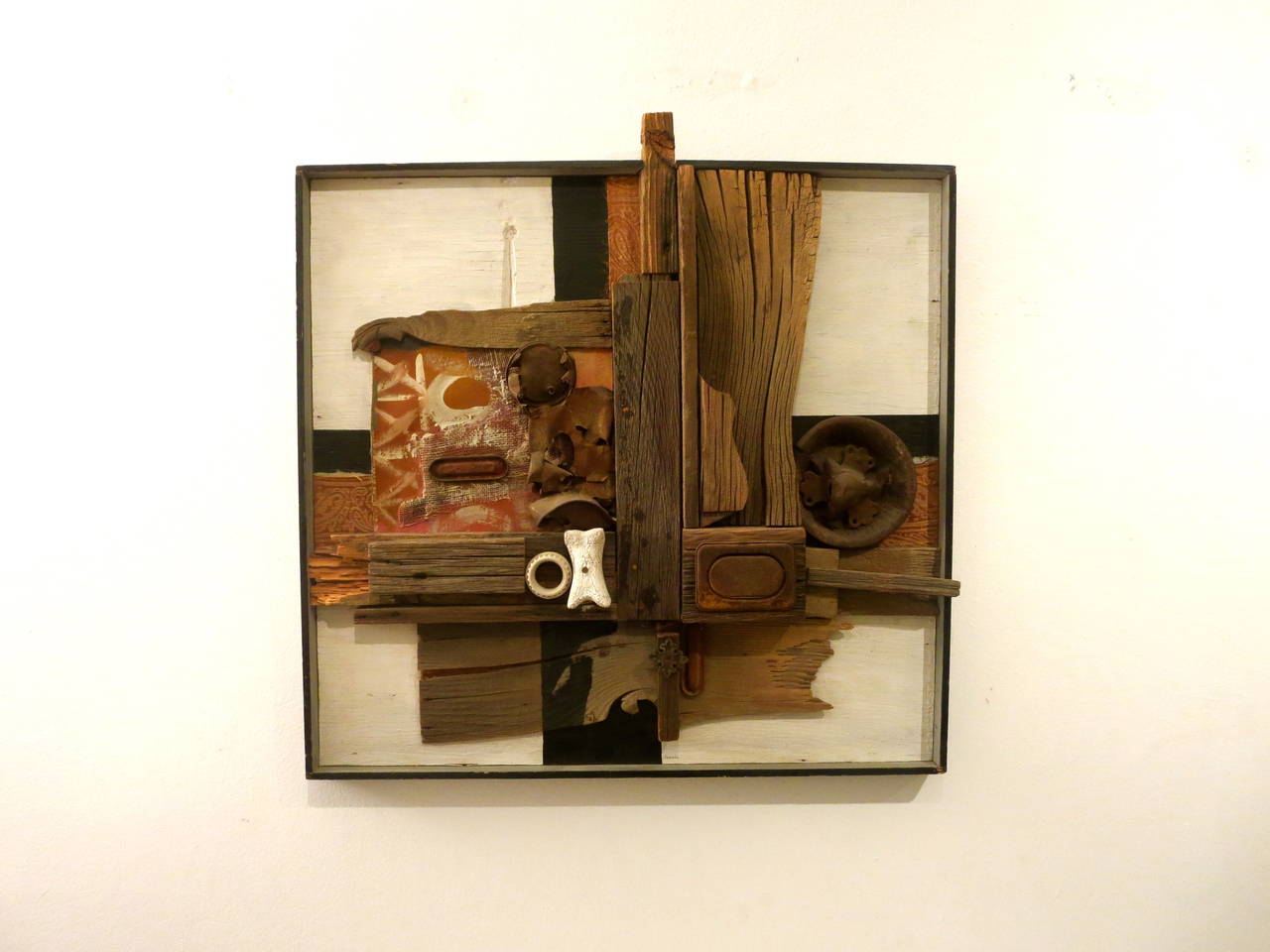 A very interesting wall plaque by San Diego artist Dennis Davis, circa 1960s wood painted pieces and found objects, well executed piece Dennis Davis was a local artist that belong to the San Diego artist visual artist guild.