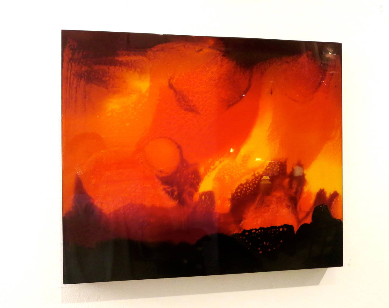 A very unique piece by California artist Tom Belloni, signed and dated 1980, in original condition very nice incredible orange colors very vibrant, covered in a clear resin finish.