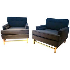 Pair of California Modern Chairs by Martin Brattrud in Grey Fabric and Brass Bas