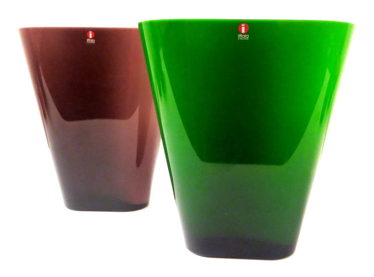 Beautiful pair of vases manufactured by IIttala glass of Finland , circa 1970s in green and purple with milk glass encazed insert , condition its like new no chips or cracks atributed to Kaj Frank designs , circa 1970s.