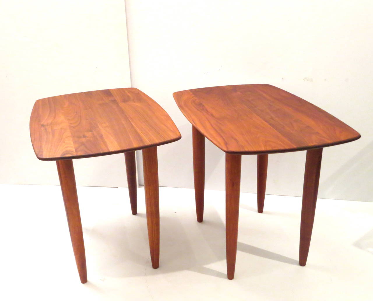 Great set of solid walnut end tables by Ace-Hi of California beveled edges part of the Prellude line, with soft rouded edge , freshly refinished circa 1960s.